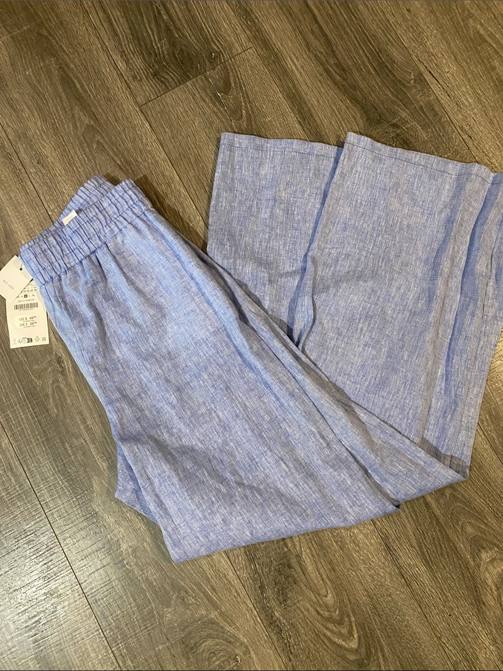 Zara Light Blue Wide-Leg Linen-Blend Pants